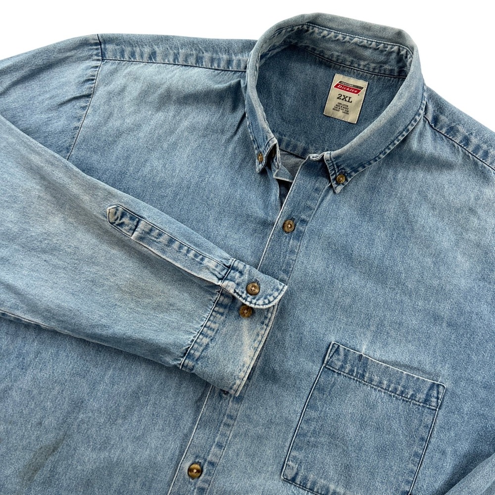 Y2K Dickies Light Wash Denim Long Sleeve Button Down Work Shirt Mens 2XL Dirty